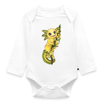 Axolotl in Gelb mit Frühblüher Forsythie Blume - Baby Bio-Langarm-Body - Weiß - Vorne