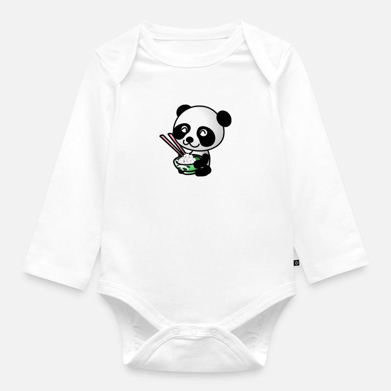 Panda doux avec un bol de riz - Body Bébé bio manches longues - blanc