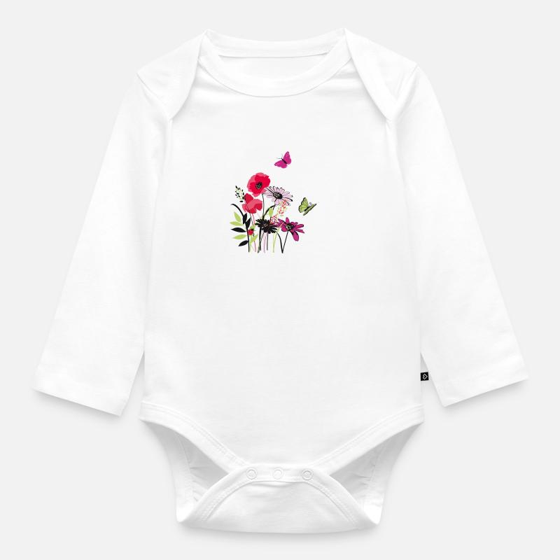 Fleurs et papillon - Body Bébé bio manches longues - blanc