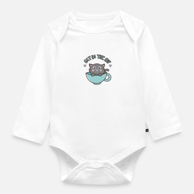 Chat gris de dessin animé mignon dans la tasse - Body Bébé bio manches longues - blanc