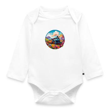 Nostalgic smoking steam locomotive with wagons - Organic Longsleeve Baby Bodysuit - white - Front