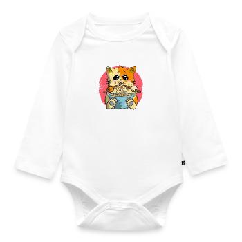 Cat with Ramen Noodle Bowl Anime - Organic Longsleeve Baby Bodysuit - white - Front