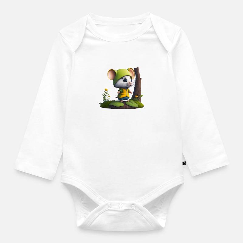 Cute mouse with cap and jacket - Organic Longsleeve Baby Bodysuit - white