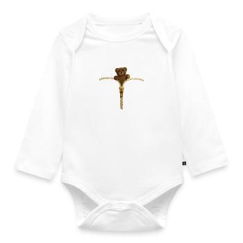 Zipper with Teddy Bear - Gold - Organic Longsleeve Baby Bodysuit - white - Front
