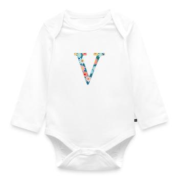 Customizable Monogram V Floral Pattern - Organic Longsleeve Baby Bodysuit - white - Front