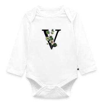 Grüner botanischer Buchstabe V - Baby Bio-Langarm-Body - Weiß - Vorne