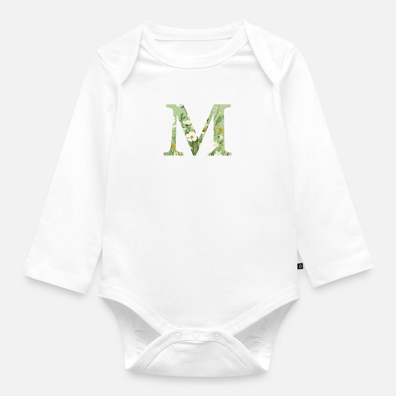 Buchstabe M, Monogramm, Blumenmuster - Baby Bio-Langarm-Body - Weiß