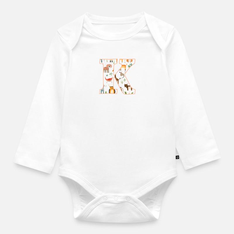 Buchstabe K, Monogramm, Tiermuster - Baby Bio-Langarm-Body - Weiß