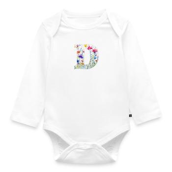 Letter D, Monogram, Floral Pattern - Organic Longsleeve Baby Bodysuit - white - Front