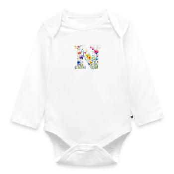 Buchstabe N, Monogramm, Blumenmuster - Baby Bio-Langarm-Body - Weiß - Vorne