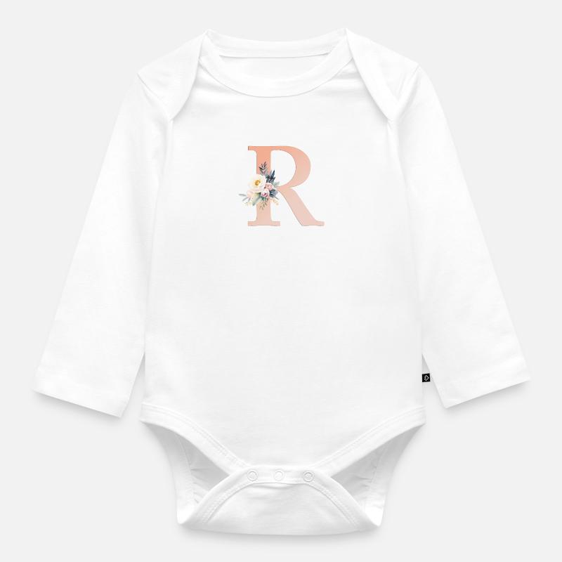 R Monogramm , Floral, Boho - Baby Bio-Langarm-Body - Weiß