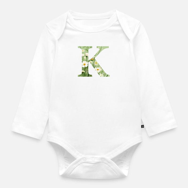 Buchstabe K, Monogramm, Blumenmuster - Baby Bio-Langarm-Body - Weiß