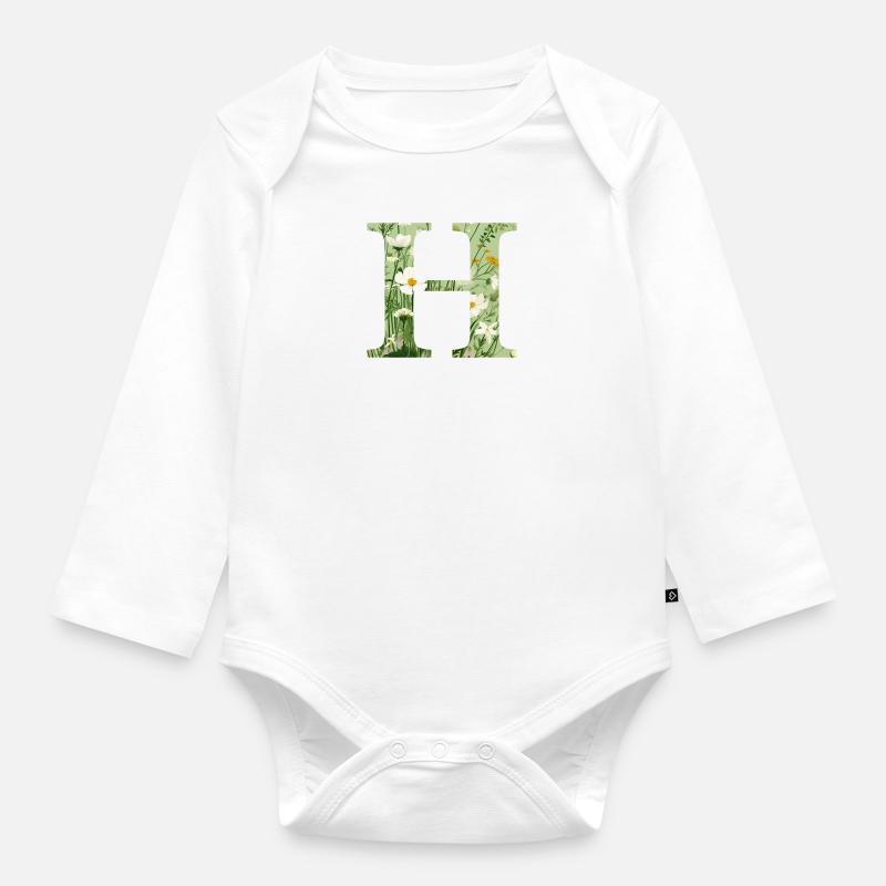 Buchstabe H, Monogramm, Blumenmuster - Baby Bio-Langarm-Body - Weiß