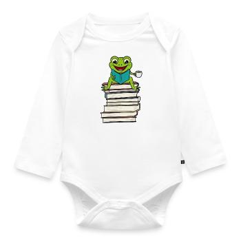 Grenouille assise sur un livre en train de lire et - Body Bébé bio manches longues - blanc - Devant