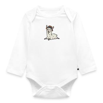 Lama bande dessinée alpaga chameau avec chapeau couché sur le sol - Body Bébé bio manches longues - blanc - Devant