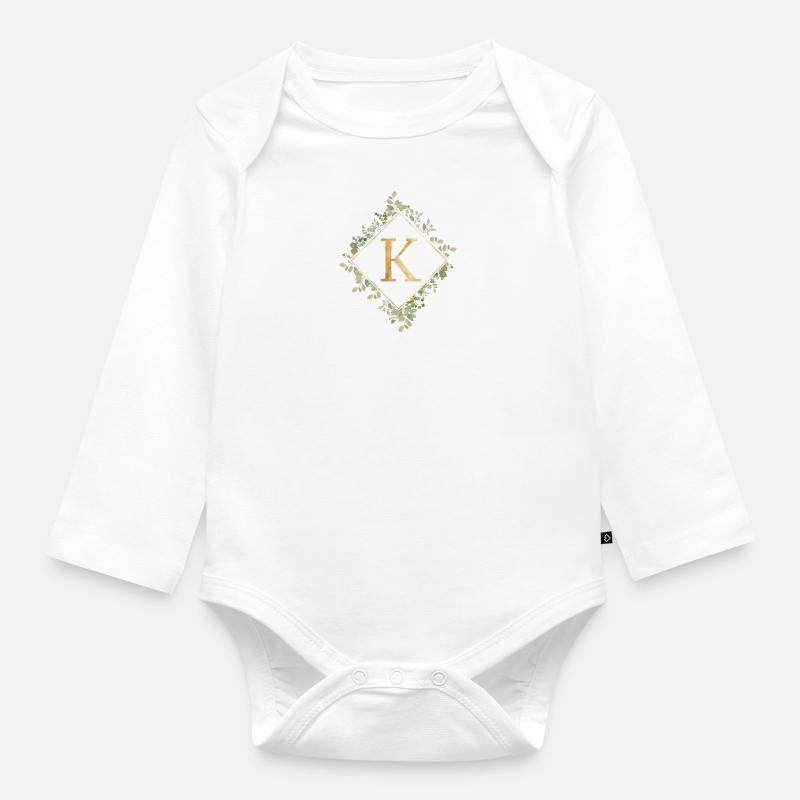 K monogramme Couronne d’Eucalyptus - Body Bébé bio manches longues - blanc
