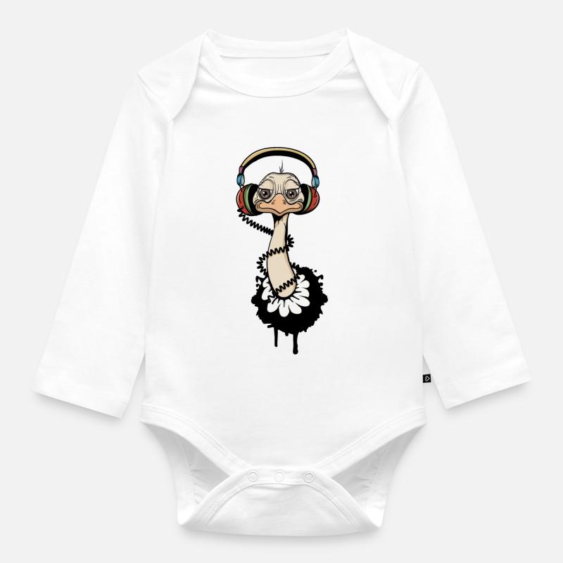 Une autruche avec un casque - Body Bébé bio manches longues - blanc