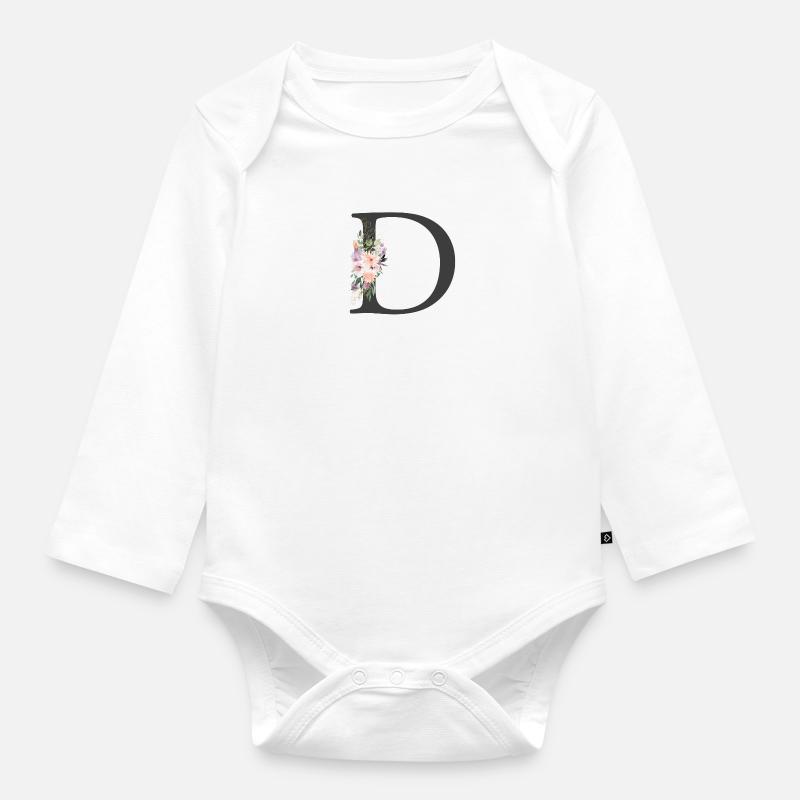 Buchstabe D, Monogramm, Blumen - Baby Bio-Langarm-Body - Weiß