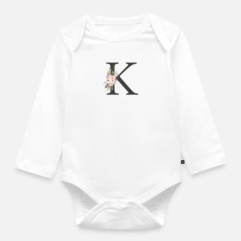 Buchstabe K, Monogramm, Blumen - Baby Bio-Langarm-Body - Weiß