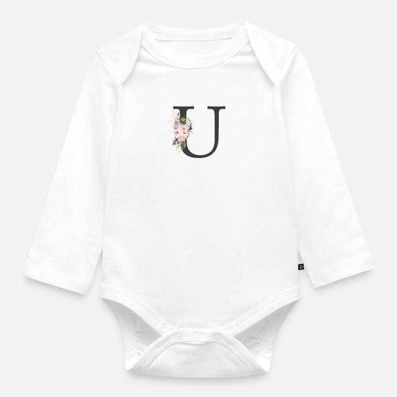 Lettre U, Monogramme, Fleurs - Body Bébé bio manches longues - blanc