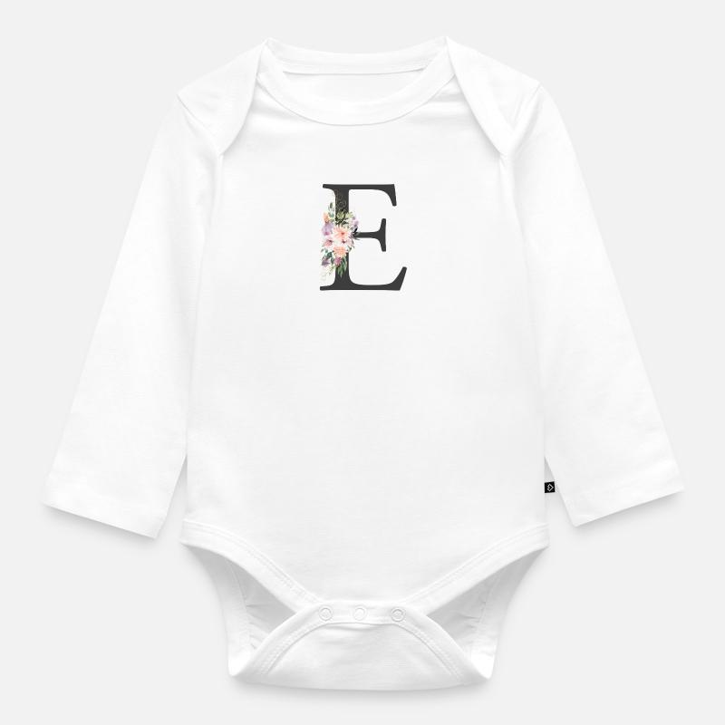 Buchstabe E, Monogramm, Blumen - Baby Bio-Langarm-Body - Weiß