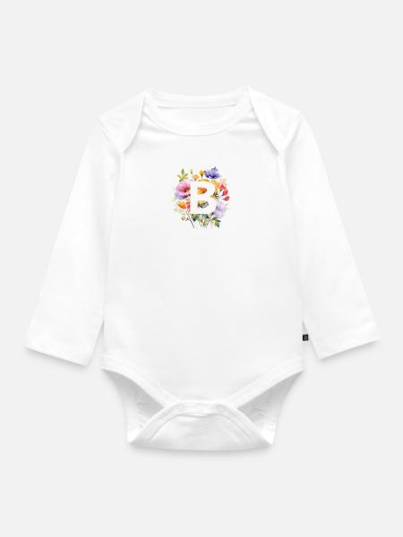 B Monogramm , bunter Blumenstrauss - Baby Bio-Langarm-Body - Weiß