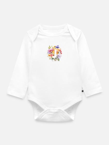 J Monogramm , bunter Blumenstrauss - Baby Bio-Langarm-Body - Weiß