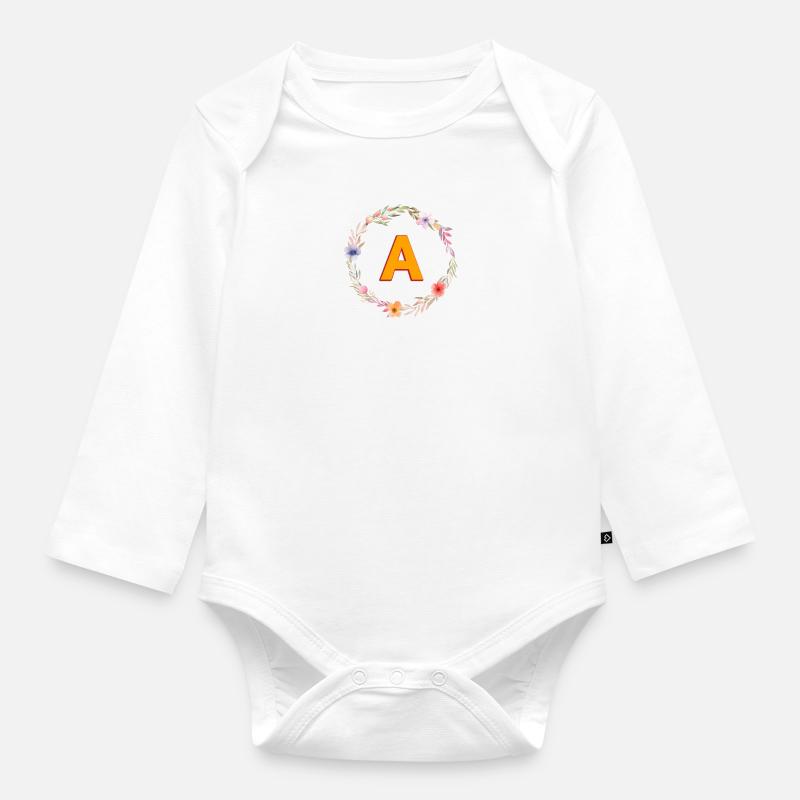 A Monogramm , bunter Blumenkranz - Baby Bio-Langarm-Body - Weiß