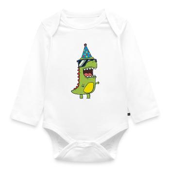 Dinosaure avec chapeau de fête - Anniversaire T-Rex Dino - Body Bébé bio manches longues - blanc - Devant
