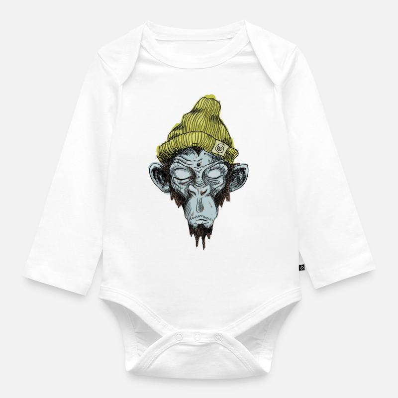 Singe avec le chapeau - Body Bébé bio manches longues - blanc