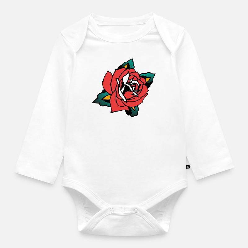 rose fleur feuille - Body Bébé bio manches longues - blanc