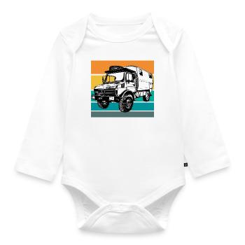 Camping - Unimog - Sonnenuntergang - Oldtimer - Baby Bio-Langarm-Body - Weiß - Vorne