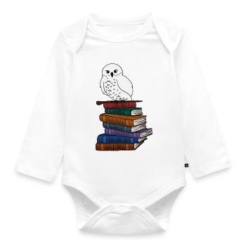 Magical magic owl with books - Organic Longsleeve Baby Bodysuit - white - Front