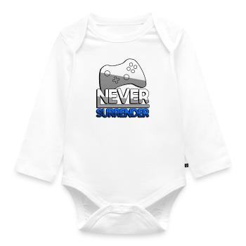 NEVER SURRENDER (Blau) + Controller - Gaming - Baby Bio-Langarm-Body - Weiß - Vorne