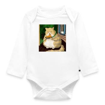 gros chat mange des lasagnes jusqu’au porche - Body Bébé bio manches longues - blanc - Devant