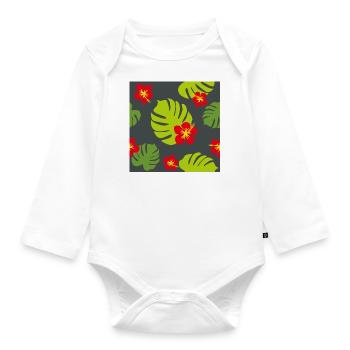 Hibiskus und Monstera auf dunklem Hintergrund - Baby Bio-Langarm-Body - Weiß - Vorne