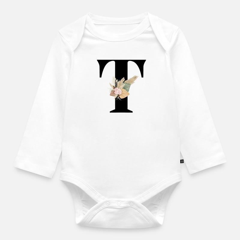 lettre T fleuris - Body Bébé bio manches longues - blanc