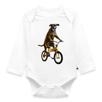 Dog Riding a Bicycle Funny Wearing Sunglasses Lab - Organic Longsleeve Baby Bodysuit - white - Front
