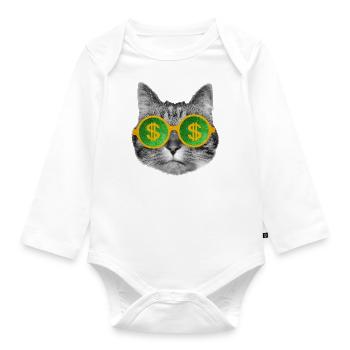 Rich money cat with dollar sign glasses - Organic Longsleeve Baby Bodysuit - white - Front