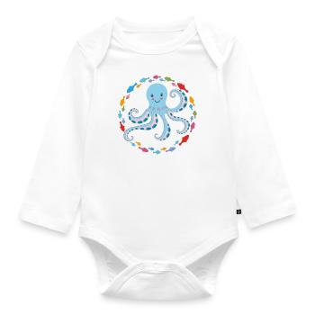 Cheerful octopus with small colorful fish - Organic Longsleeve Baby Bodysuit - white - Front