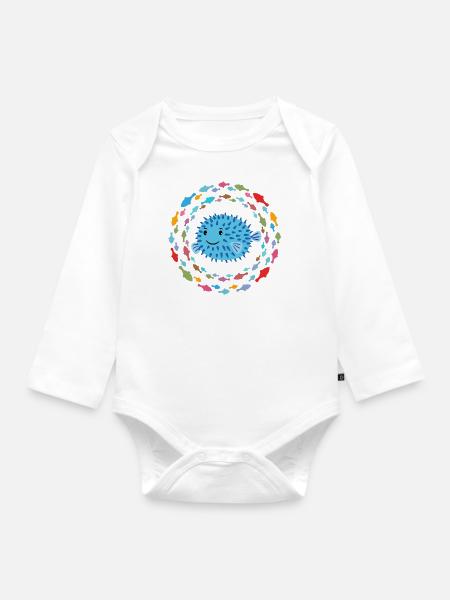 Süßer Kugelfisch im bunten Fischekreis - Baby Bio-Langarm-Body - Weiß