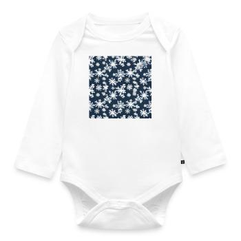 Snow pattern on navy blue background - Organic Longsleeve Baby Bodysuit - white - Front