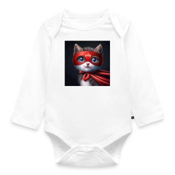 Junge Katze im roten Superheldenkostüm - Baby Bio-Langarm-Body - Weiß - Vorne