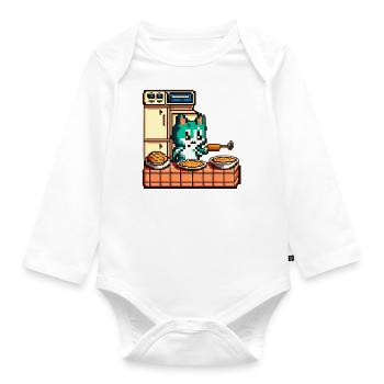 Cat in 8 bit as a chef in the kitchen at the stove - Organic Longsleeve Baby Bodysuit - white - Front