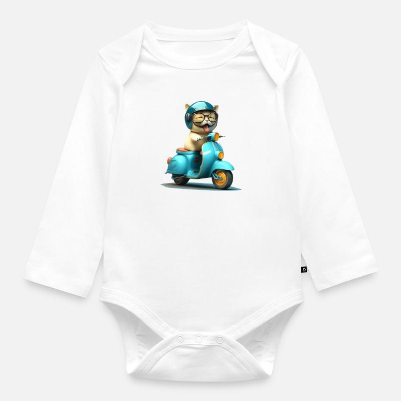 Lachende Katze auf Motorroller Geschenk - Baby Bio-Langarm-Body - Weiß