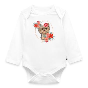 Frühlingsdesign - Yorkshire Terrier im Blumenkranz - Baby Bio-Langarm-Body - Weiß - Vorne