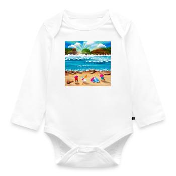 children playing at sea shore - Organic Longsleeve Baby Bodysuit - white - Front
