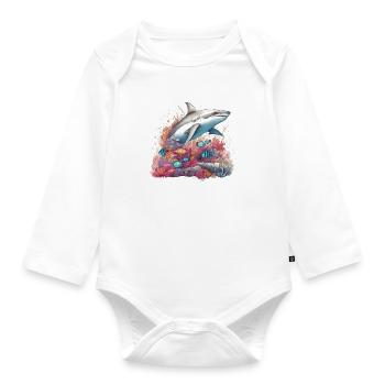 shark swims in the coral reef - Organic Longsleeve Baby Bodysuit - white - Front
