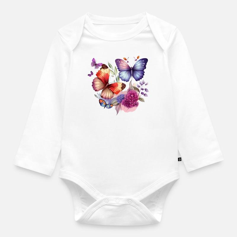 Fleurs vintage papillon - Body Bébé bio manches longues - blanc