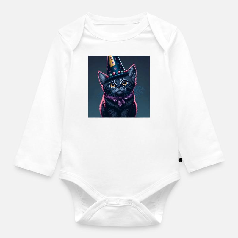 Katze mit Geburtstagshut - Baby Bio-Langarm-Body - Weiß